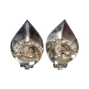 Vintage MCM Signed Delsa Silver Clip On Earrings Rhinestone Inset